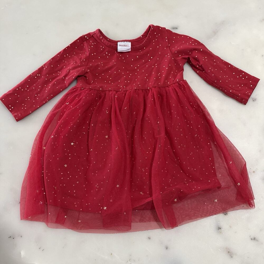 Hanna Andersson Baby Girl Dress 80cm 18-24 Mon Red Gold With Tulle Long Sleeve